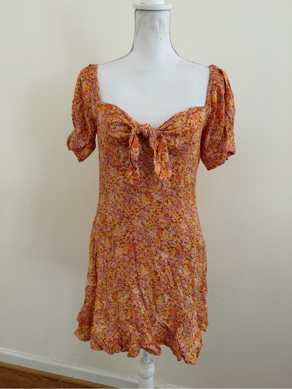 Showpo Orange Floral Puff Sleeve Tie Front Ruffle Mini Dress Size 6 US